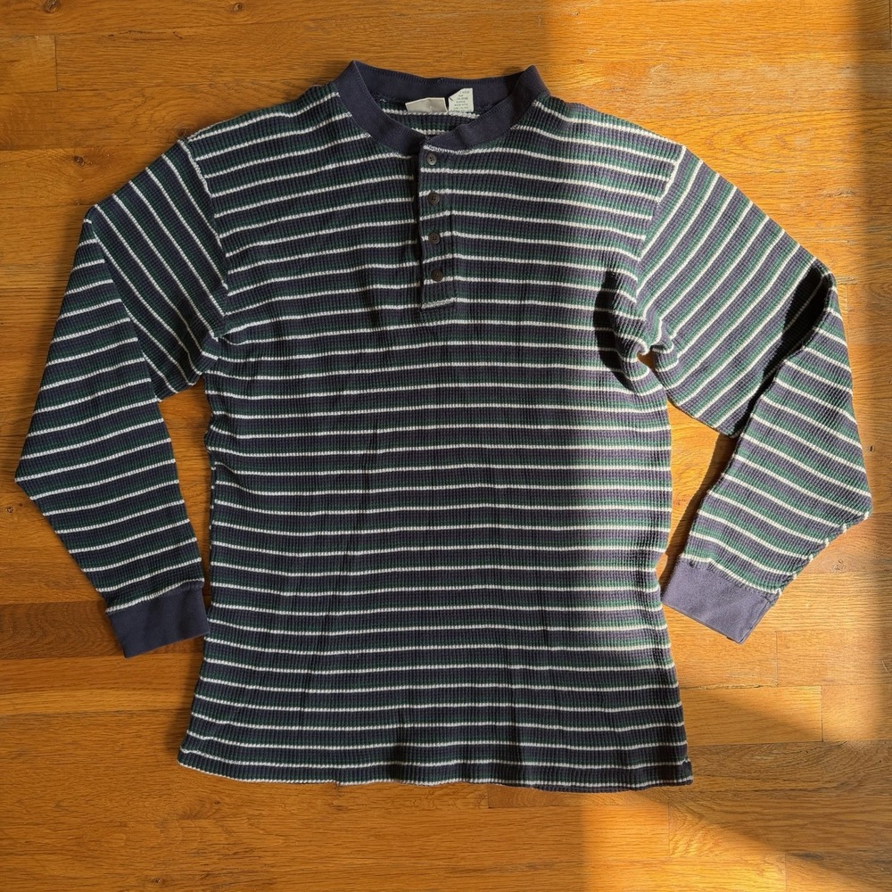 Vintage L.L. Bean Shirt Mens Medium Blue Striped Thermal Henley Long Sleeve USA
